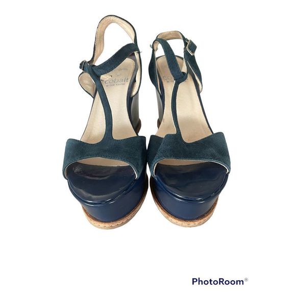 Dee Keller | Blue Suede Platform Ankle Strap Wedges | Sz 8.5 - Picture 2 of 5